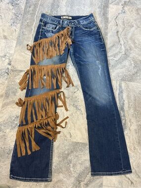 BKE Blue Denim Bootcut Jeans with Brown Fringe